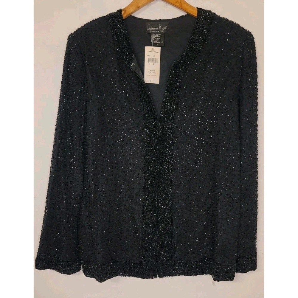 Laurence Kazar Women's Large 100% Silk Beaded Blazer Cocktail Jacket Formal Blk